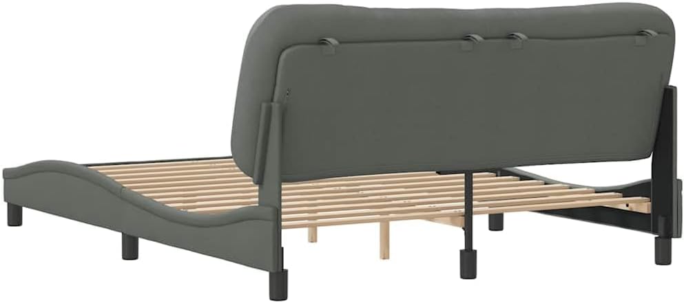 Queen Size Bed Frame with Dark Grey Polyester Fabric and Decorative Inlays, Modern Design with Cushioned Headboard and Solid Pine Wood Construction, 4-Piece Set for Bedroom