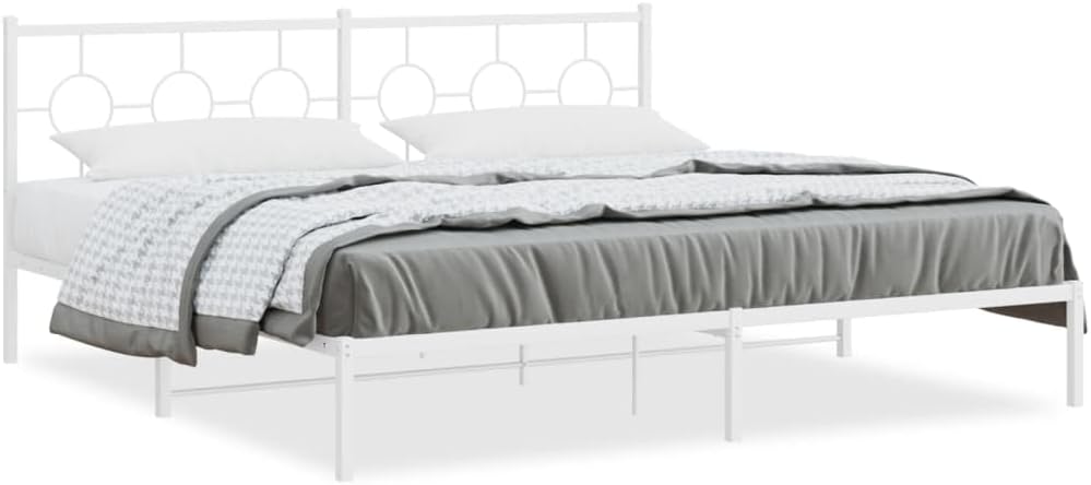 White Metal Bed Frame with Headboard King Size Platform Bed Frame with Underbed Storage Space Steel Construction Sturdy Bedframe for Bedroom Furniture