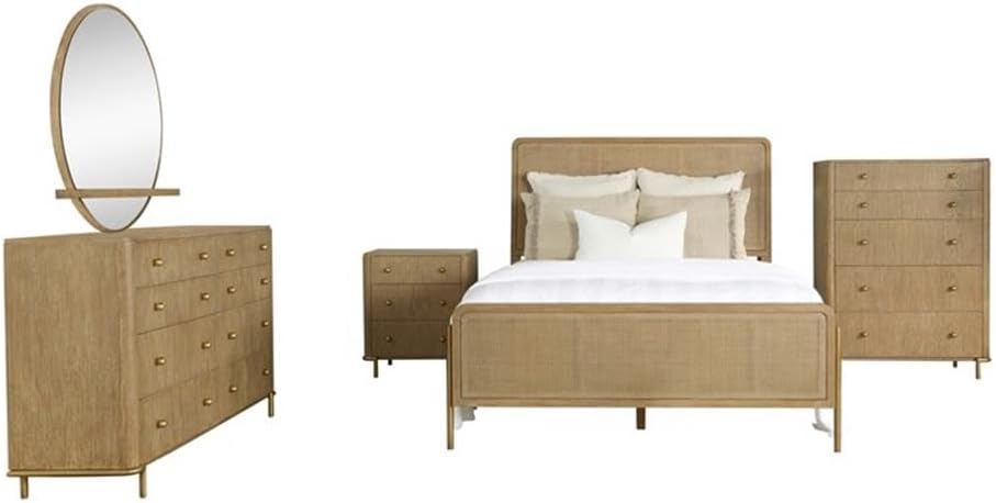 Pemberly Row 5-Piece Eastern King Bedroom Set, Sand Wash Finish, Wood and Natural Cane, Includes Bed, Nightstand, Dresser, Mirror, Chest, Mid-Century Modern Style, USB Ports, Jewelry Tray