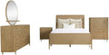 Pemberly Row 5-Piece Eastern King Bedroom Set, Sand Wash Finish, Wood and Natural Cane, Includes Bed, Nightstand, Dresser, Mirror, Chest, Mid-Century Modern Style, USB Ports, Jewelry Tray
