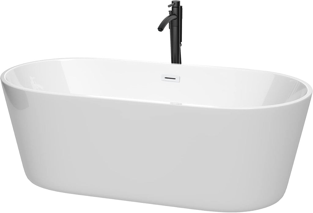 Carissa 67 Inch Freestanding Bathtub in White with Shiny White Trim and Floor Mounted Faucet in Matte Black