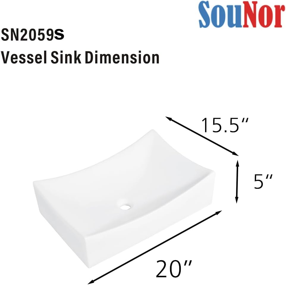 SouNor Small Rectangle Bathroom Sink Above Counter Square Basin Bowl Countertop Vessel 20'x15' Inches Modern Contemporary Porcelain Ceramic Wash Lavatory