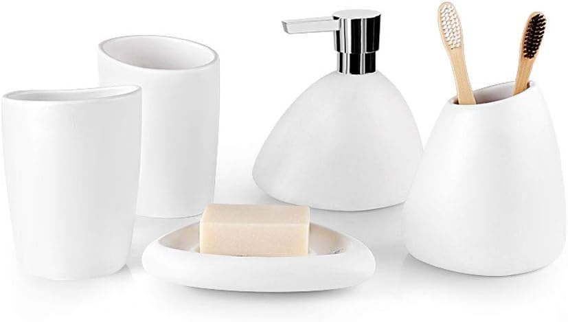 Kitchen Soap Dispenser 5-Piece Ceramic Bathroom Soap Toothbrush Holder Soap Dispenser Household Soap Bathroom Accessories Countertop Soap Dispensers (Color : White)