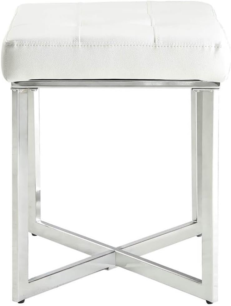 Pemberly Row 19' H Modern Faux Leather Summer Vanity Bench with Metal Base, Tufted Seat Cushion, X-Leg, in White & Chrome Finish