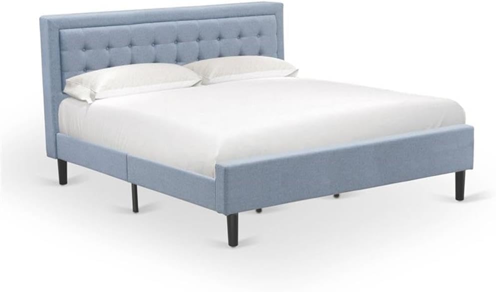 East West Furniture FN11K-2GO15 3-Piece Platform King Size Bedroom Set with 1 King Size Frame and 2 End Tables for bedroom - Reliable and Sturdy Construction - Denim Blue Linen Fabric