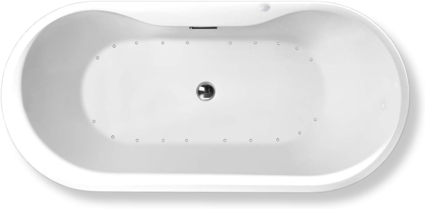 Carver Tubs - Reflection II 67' - Modern White Freestanding Bathtub With Heated Jetted Air Massage - White Oval Acrylic Fiberglass Tub With Chrome Drian - Comfort Warmth - 67'L x 31.5'W x 23.5'H