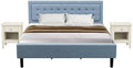 East West Furniture FN11K-2GA0C 3-Piece Platform King Bedroom Set with 1 Wood Bed Frame and 2 Modern Nightstands - Reliable and Durable Construction - Denim Blue Linen Fabric