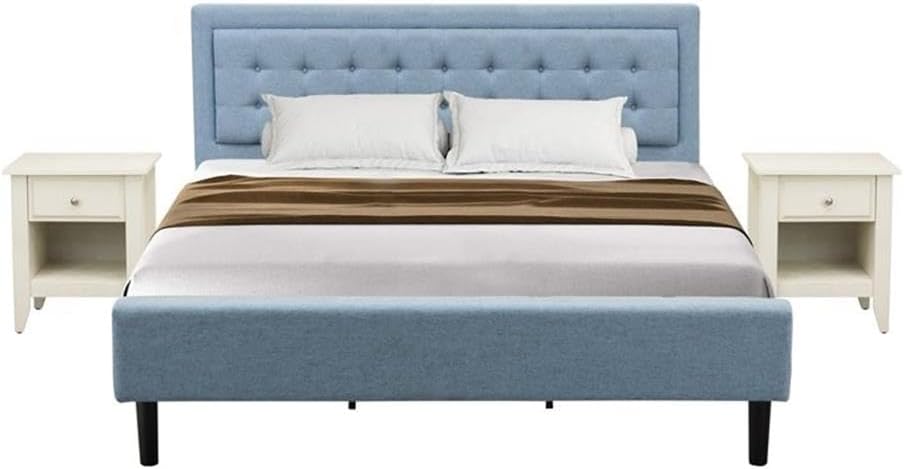 East West Furniture FN11K-2GA0C 3-Piece Platform King Bedroom Set with 1 Wood Bed Frame and 2 Modern Nightstands - Reliable and Durable Construction - Denim Blue Linen Fabric