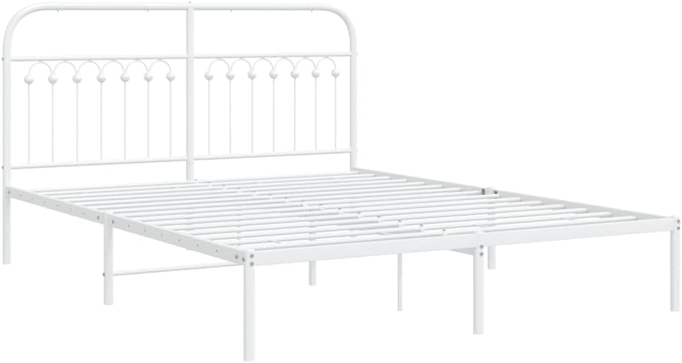 White Steel King Bed Frame Rectangular Traditional with Sturdy Metal Construction and Elegant Headboard for Bedroom Guest Room