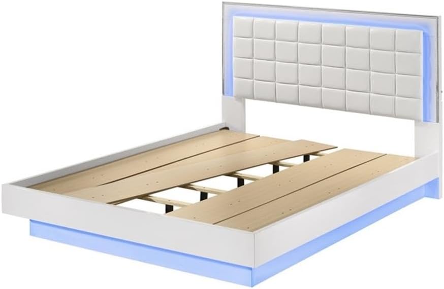Best Quality Furniture White Wood Lacquer Platform Queen Size Bedroom Set with Blue LED Lighting