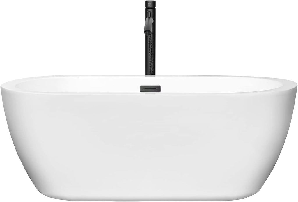 Soho 60 Inch Freestanding Bathtub in White with Floor Mounted Faucet, Drain and Overflow Trim in Matte Black