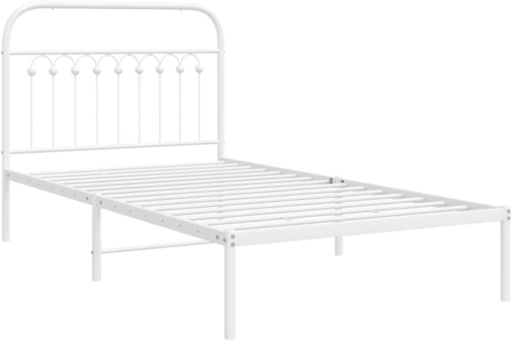 Twin Bed Frame White Steel Metal Frame 39.4 x 78.7 in Rectangular with Headboard Sturdy Support Classic Design for Bedroom and Guest Room
