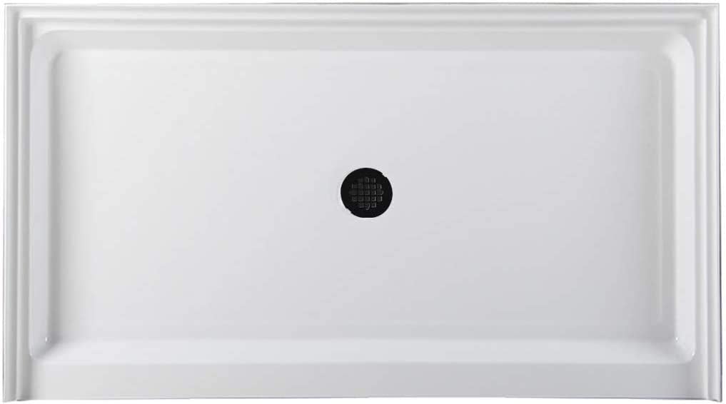 Westbrass SP6036WP-62 60' x 36' 3-Wall Shower Pan with Plastic Center Drain and 4-1/4' Cross Grid Brass Drain Cover, Matte Black