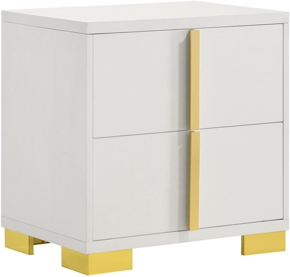Pemberly Row 5-Piece Contemporary Wood Eastern King Bedroom Set, White and Gold Finish, LED Headboard, Metal Handles, Includes Bed, Nightstand, Dresser, Mirror, Modern Glam Design for Bedroom Use