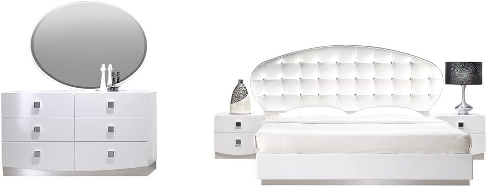 Best Master France 5-Piece Faux Leather East King Bedroom Set in White Lacquer