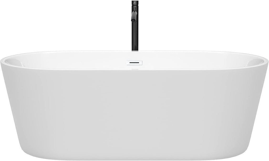 Carissa 67 Inch Freestanding Bathtub in White with Shiny White Trim and Floor Mounted Faucet in Matte Black