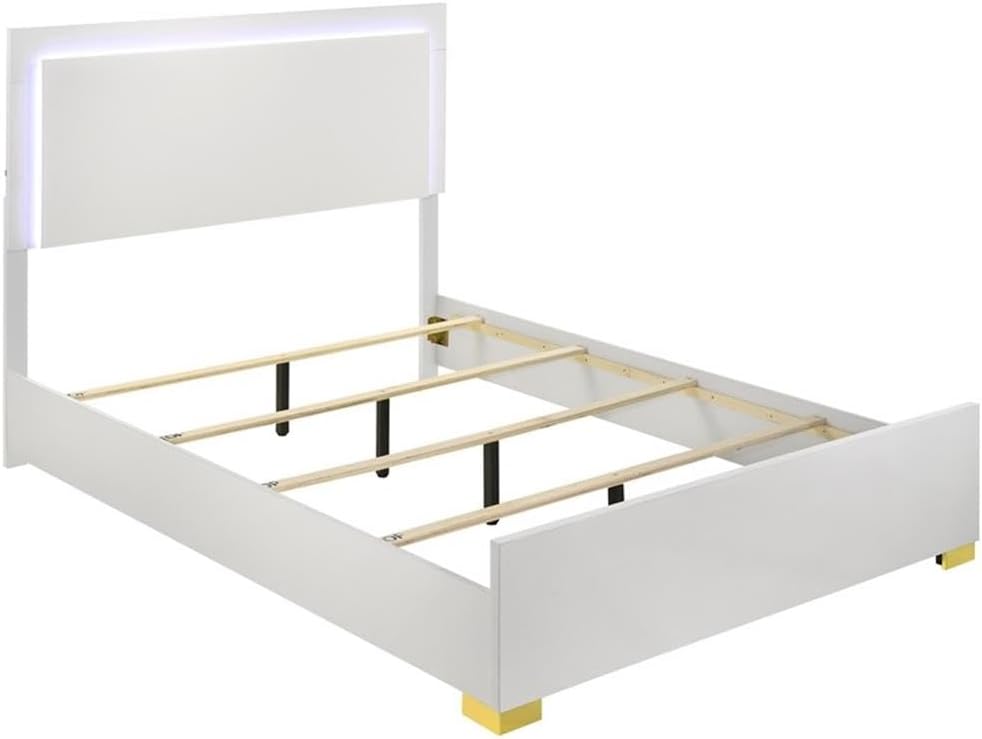 Pemberly Row 5-Piece Contemporary Wood Eastern King Bedroom Set, White and Gold Finish, LED Headboard, Metal Handles, Includes Bed, Nightstand, Dresser, Mirror, Modern Glam Design for Bedroom Use