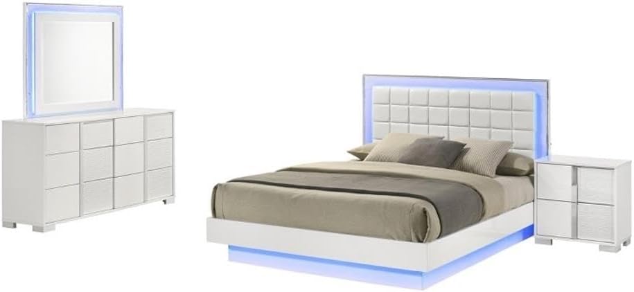 Best Quality Furniture White Wood Lacquer Platform Queen Size Bedroom Set with Blue LED Lighting