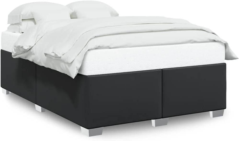 Queen Size Faux Leather Bed Frame with Engineered Wood Base, Modern Matte Black Finish for Standard Mattress, 4-Piece Set for Bedroom Decor and Sleep Support