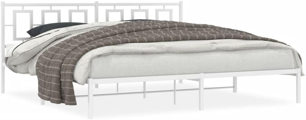 Metal Bed Frame with Headboard White King Size 76'x79.9' Heavy Duty Steel Platform Bed Frame with Underbed Storage Space for Bedroom Furniture