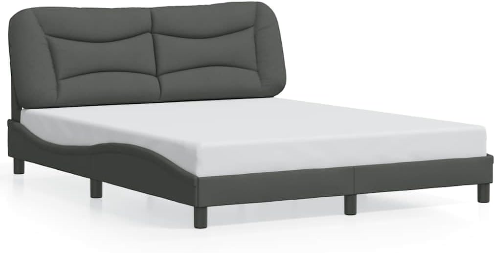 Queen Size Bed Frame with Dark Grey Polyester Fabric and Decorative Inlays, Modern Design with Cushioned Headboard and Solid Pine Wood Construction, 4-Piece Set for Bedroom