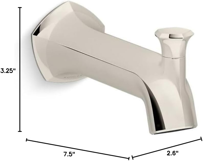 Kohler 27023-SN Occasion Wall-Mount 8' Bath Spout, Diverter Bathtub Spout with Slip-Fit Connection, Vibrant Polished Nickel