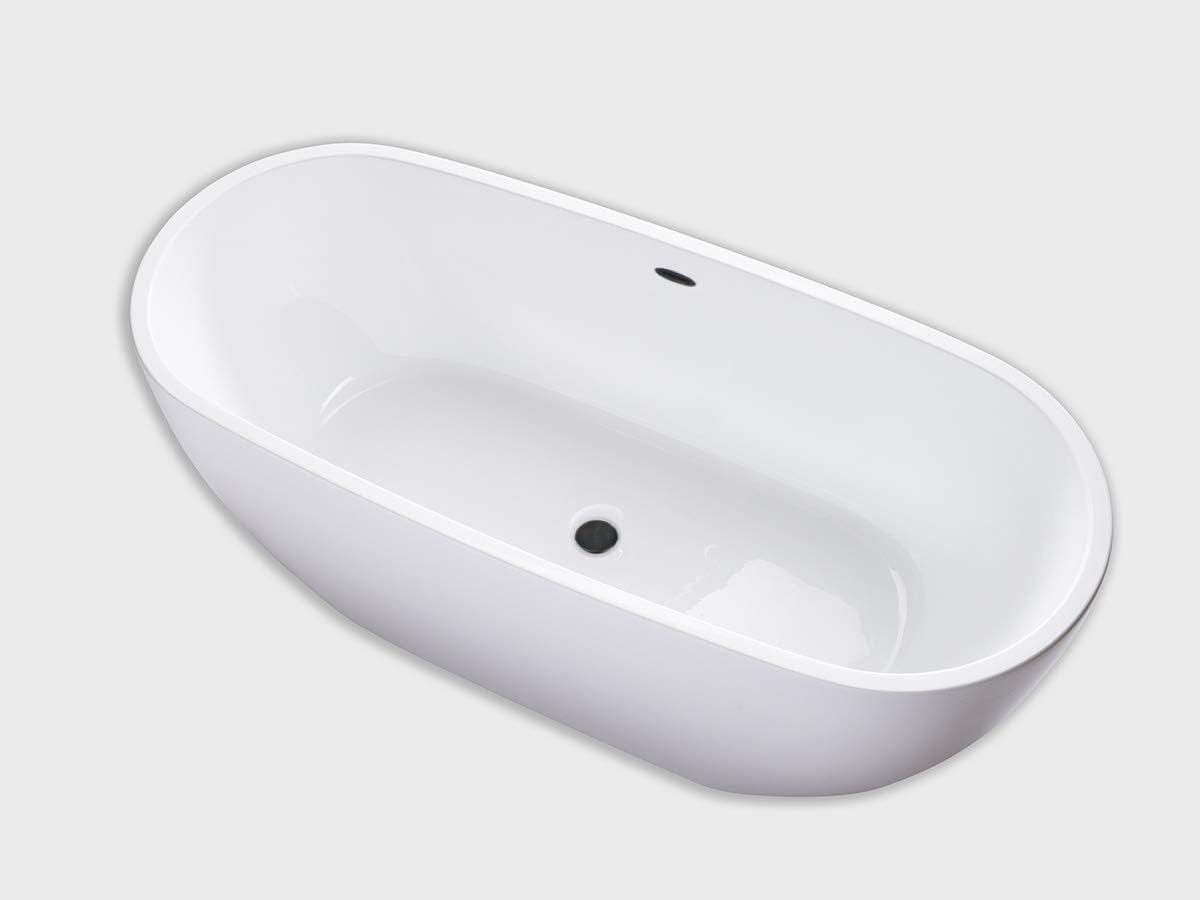 Carver Tubs - Seraphina 59' - Modern White Freestanding Soaking Bathtub With Oil Rubbed Bronze Drain - Contemporary Rounded Oval Acrylic Fiberglass Tub - Deep Relaxing Soak - 59'L x 29'W x 23.5'H