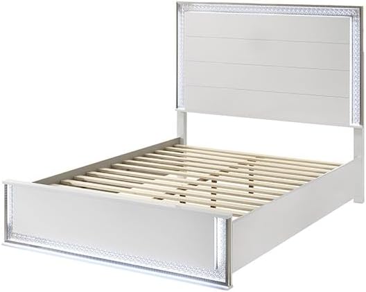MASARA 6-Piece Glam White Bedroom Set with High-Gloss Finish, Engineered Wood, Crystal Effect Zinc Alloy Trim (King)