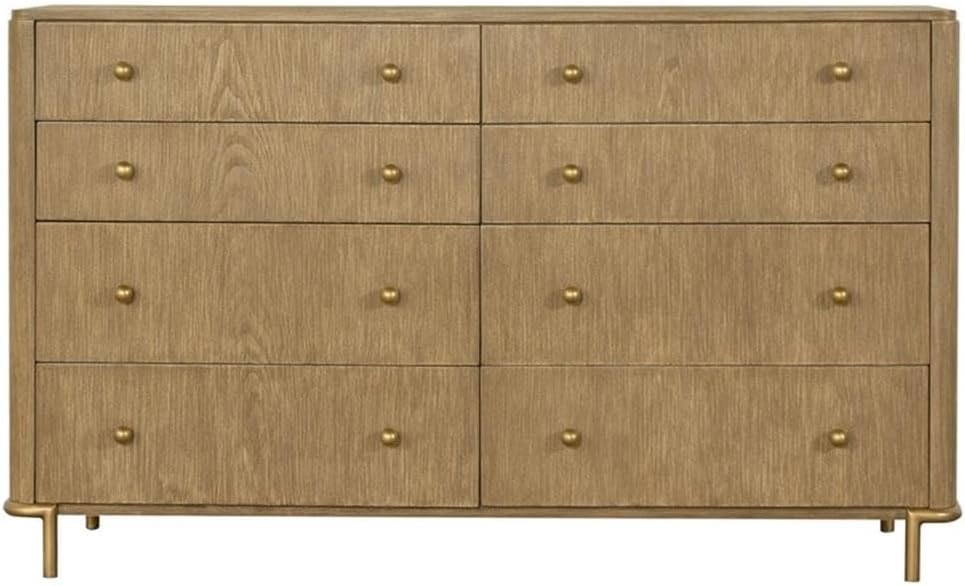 Pemberly Row 5-Piece Eastern King Bedroom Set, Sand Wash Finish, Wood and Natural Cane, Includes Bed, Nightstand, Dresser, Mirror, Chest, Mid-Century Modern Style, USB Ports, Jewelry Tray