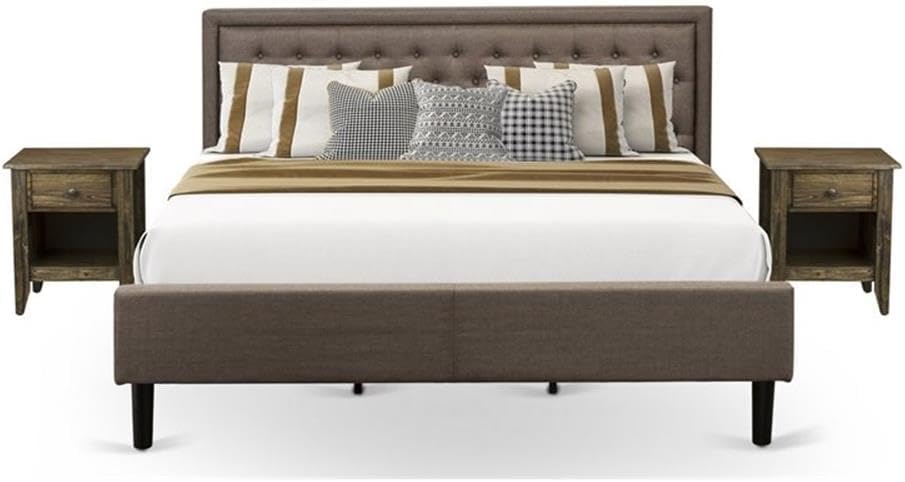 East West Furniture KD18K-2GA07 3 Piece Bed Set - 1 King Platform Bed Frame Brown Linen Fabric Padded and Button Tufted Headboard with 2 Bedroom Nightstand - Distressed Jacobean Finish Nightstand