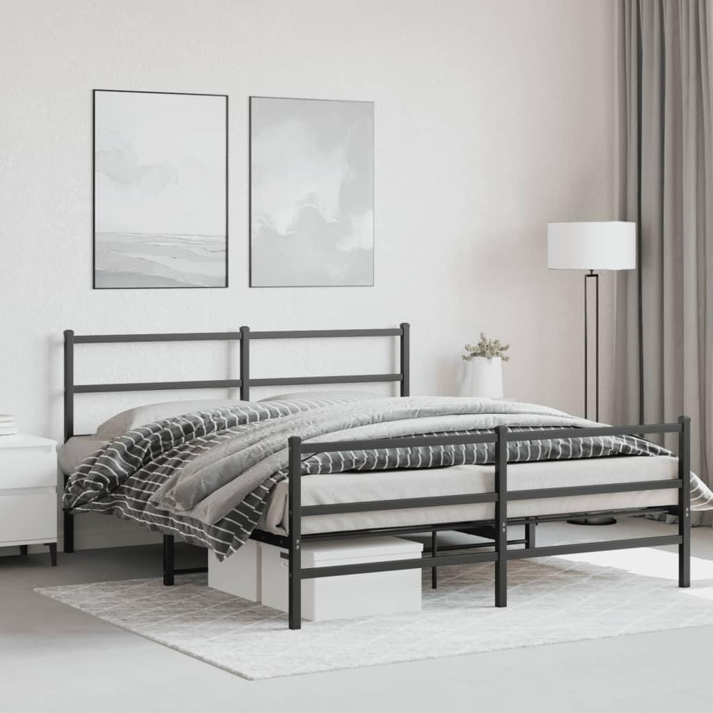 Metal Bed Frame with Footboard Black Queen Size Steel Platform Bed Frame for Mattress Support Underbed Storage Space Bedroom Furniture