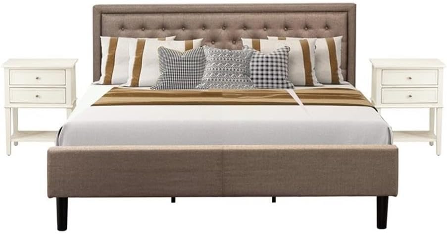 East West Furniture KD16K-2VL0C 3 Piece Wooden Bedroom Set - 1 Modern Bed Frame Brown Linen Fabric Padded and Button Tufted Headboard with 2 Night Stand - Wire Brushed Butter Cream Finish Nightstand