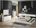 Modern Lacquer 7-Piece Eastern King Bedroom Set with LED Lightbox Console | High Gloss Finish Wood Bedroom Furniture Set, White/Black