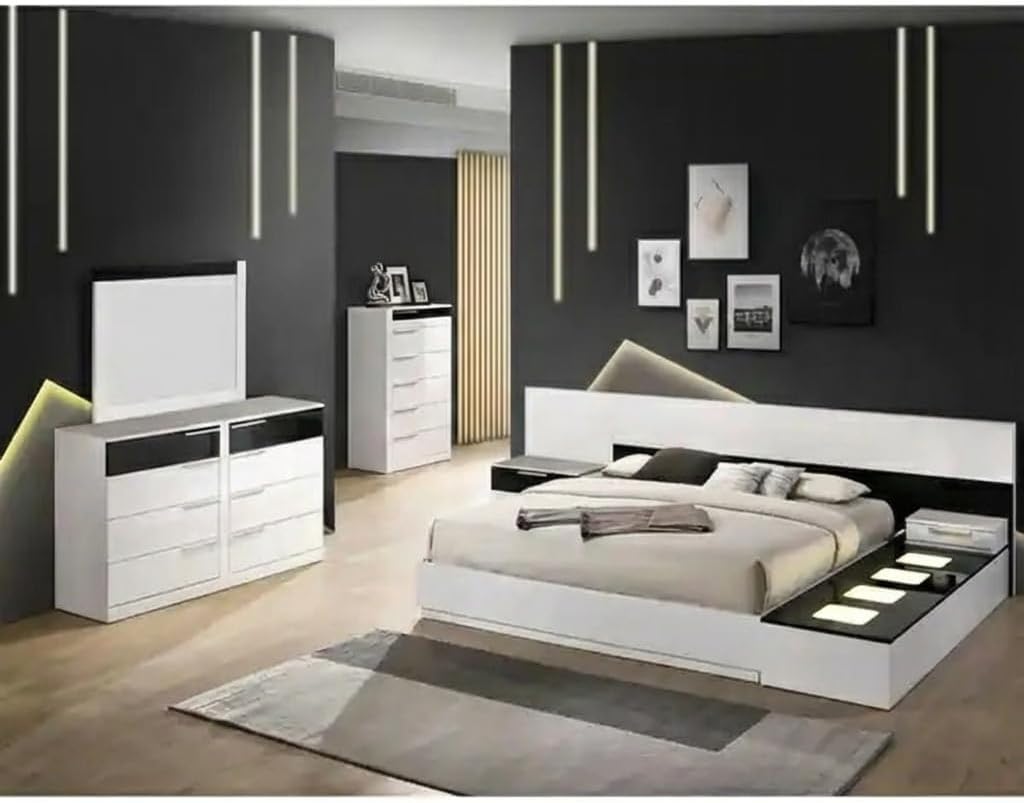 Modern Lacquer 7-Piece California King Bedroom Set with LED Lightbox Console | High Gloss Finish Wood Bedroom Furniture Set, White/Black