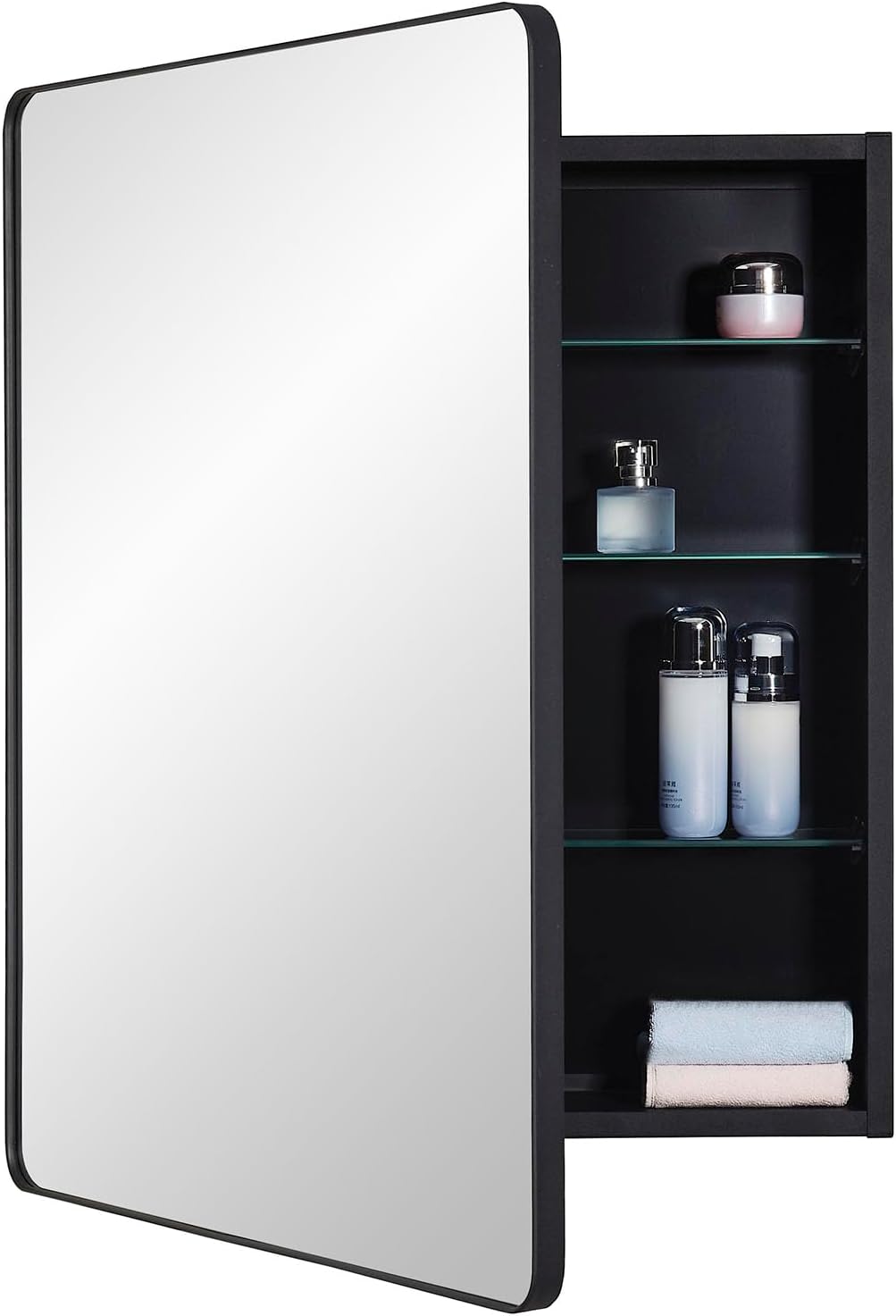 IDYLLOR Black Bathroom Mirror Medicine Cabinet with Round Corner Framed Door 24 x 30 inch, Recessed or Surface Mount, with Adjustable Glass Shelves