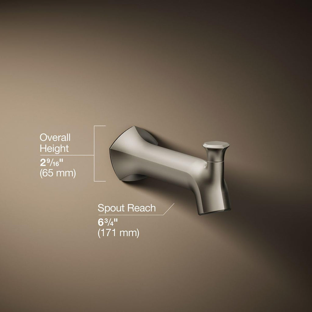 Kohler 27023-BN Occasion Wall-Mount 8' Bath Spout, Diverter Bathtub Spout with Slip-Fit Connection, Vibrant Brushed Nickel