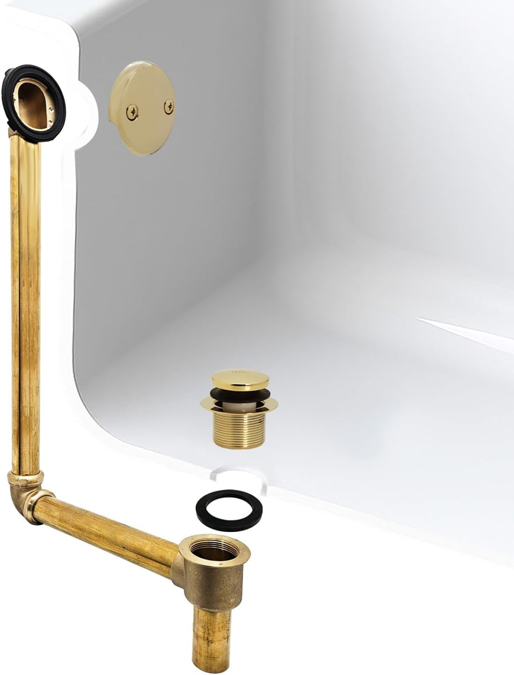 Westbrass 18' Tip-Toe Drain Trim with 2-Hole Overflow Faceplate & Direct Connect Shoe Outlet, Polished Brass, 7931817-DC-01