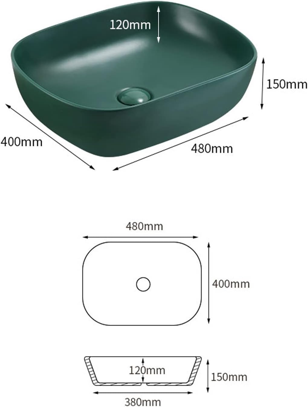 ULTRAWAVE Bathroom Sink Ceramic Art Basin Rectangle Bathroom Sink Matte Green Countertop Sink with Drainer Bathroom Accessories Counter Basin