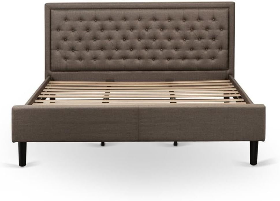 East West Furniture KDF-18-K Platform King Bed Frame Wood - Brown Linen Fabric Upholstered Bed Headboard with Button Tufted Trim Design - Black Legs