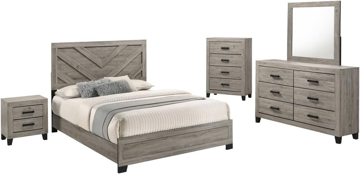 Furniture Rustic Charm Bedroom Set with Chevron Panel Headboard