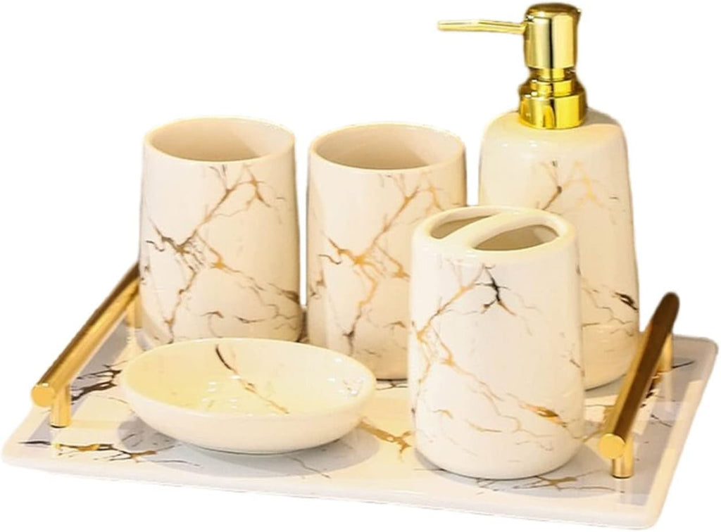 Bathroom soap Dispenser Set, 6 Pieces Bathroom soap Dispenser and Toothbrush Holder Set, Toothbrush Holder, Vanity Tray for Decor Bathroom Countertop, Vanity Organizer -Beige