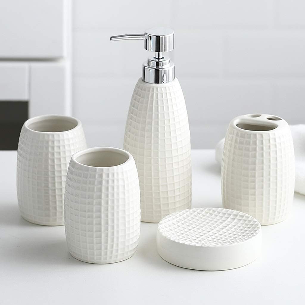 Lotion Dispenser 5 Piece Ceramics Bathroom Accessory Set, Toothbrush Holder, Liquid Soap Dispenser, Soap Dish, 2 Tumblers ，Bathroom Accessories Set Countertop Soap Dispensers (Color : White)