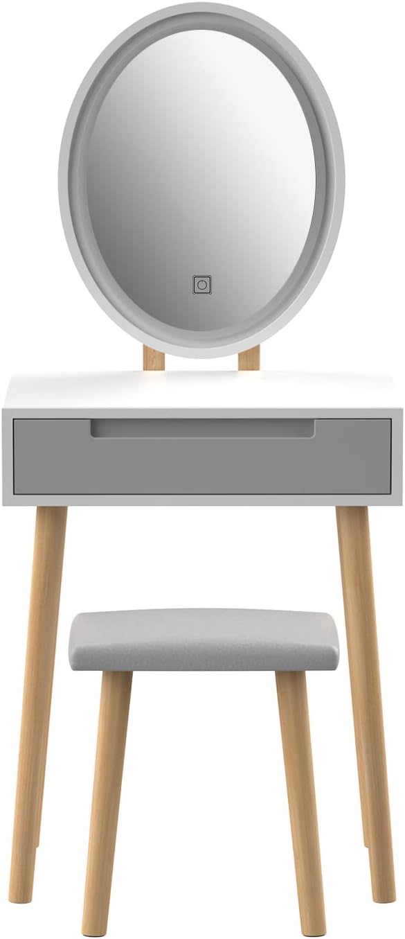 YOURLITE Small Vanity Desk with Mirror and Lights,Makeup Vanity Desk with Chair and Drawers for Small Space,Grey Vanity Dresser for Bedroom