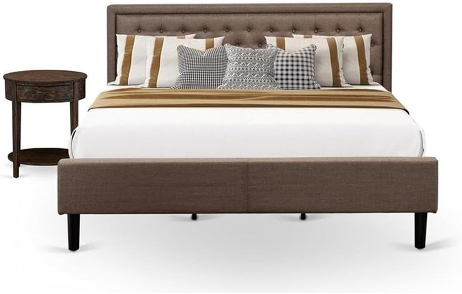 East West Furniture KD18K-1HI07 2 Piece Wood Bedroom Set - 1 King Platform Bed Frame Brown Linen Fabric Padded and Button Tufted Headboard with 1 Nightstand - Distressed Jacobean Finish Nightstand
