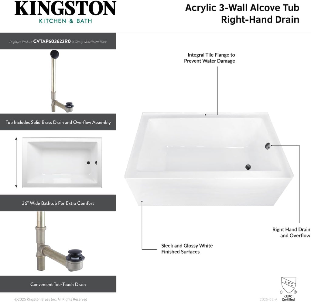 Aqua Eden CVTAP603622R1 60' Acrylic Rectangular 3-Wall Alcove Tub, Right Hand Drain, Glossy White/Polished Chrome