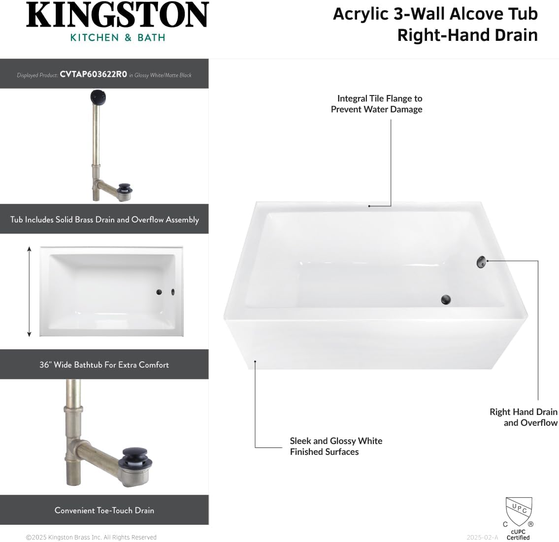 Aqua Eden CVTAP603622R1 60' Acrylic Rectangular 3-Wall Alcove Tub, Right Hand Drain, Glossy White/Polished Chrome