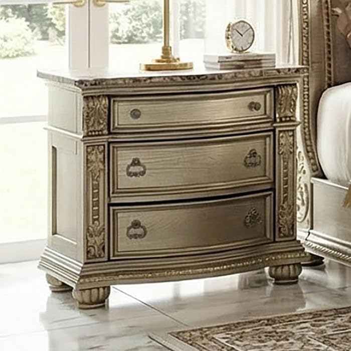 MASARA 3-Piece Traditional Queen Bedroom Set, Gold Champagne, 100% Polyester Fabric with Marble, Sleigh Bed with Diamond Button Tufting