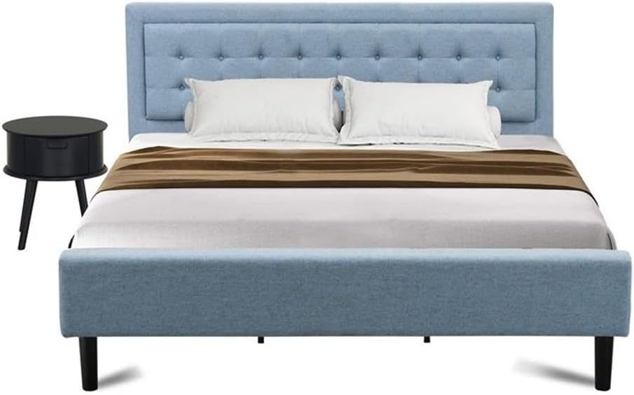 East West Furniture FN11K-1GO15 2-Piece Platform King Size Bed Set with 1 Mid Century Bed and a Navy Blue Bedroom Nightstand - Reliable and Durable Construction - Denim Blue Linen Fabric Bed
