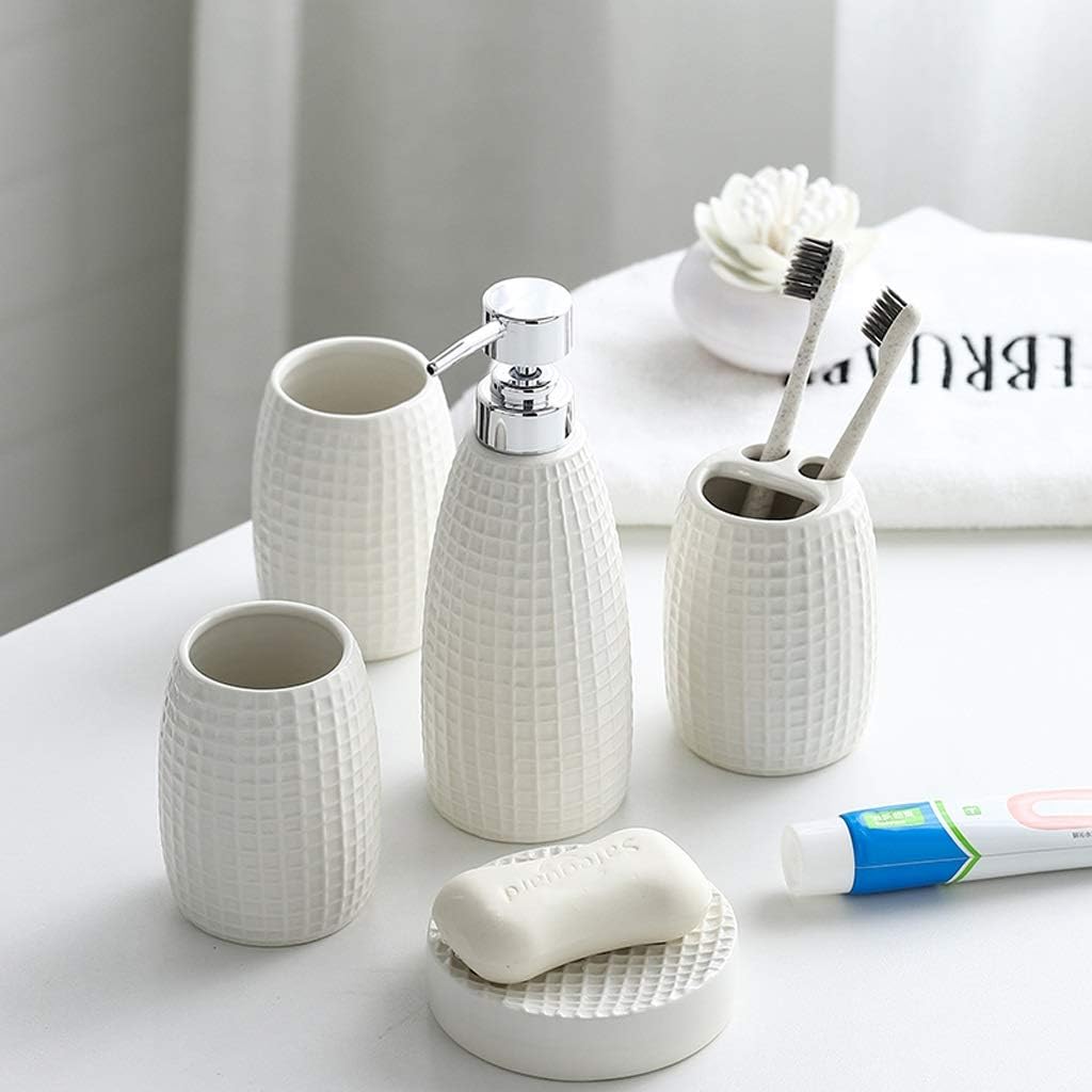 Lotion Dispenser 5 Piece Ceramics Bathroom Accessory Set, Toothbrush Holder, Liquid Soap Dispenser, Soap Dish, 2 Tumblers ，Bathroom Accessories Set Countertop Soap Dispensers (Color : White)