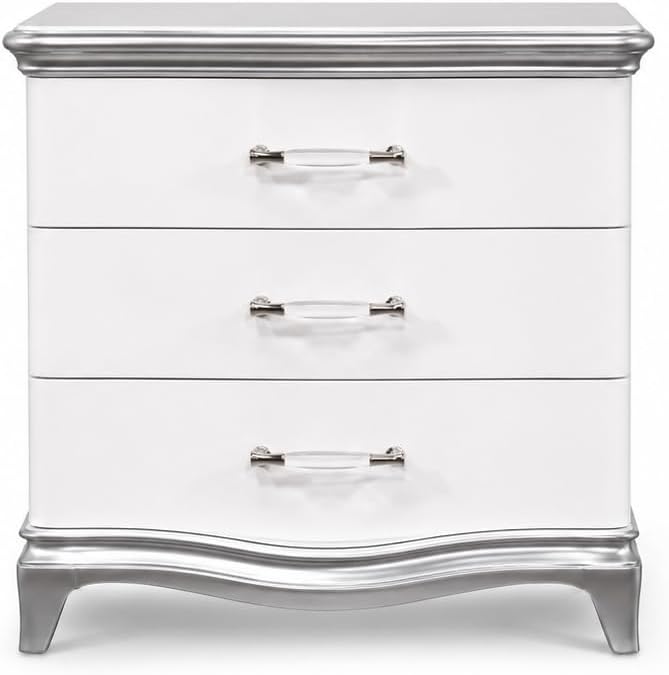First of a Kind Nightstand Traditional Wood Bedside Table Nina Collection White Silver Finish Classic European Design Curved Detailing Elegant Coordinated Furniture Piece